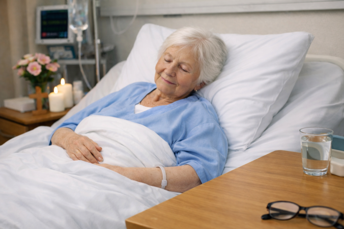 Frau im Bett, die an ihre Vorsorge gedacht hat